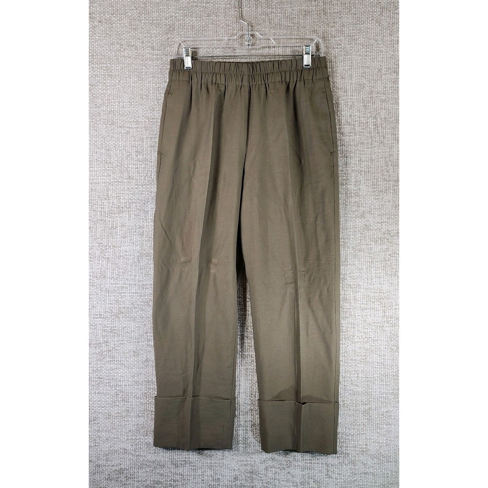 ZARA Straight Leg Pull On‎ Wide Cuff Pants Womens M Green Linen Look Office NWT